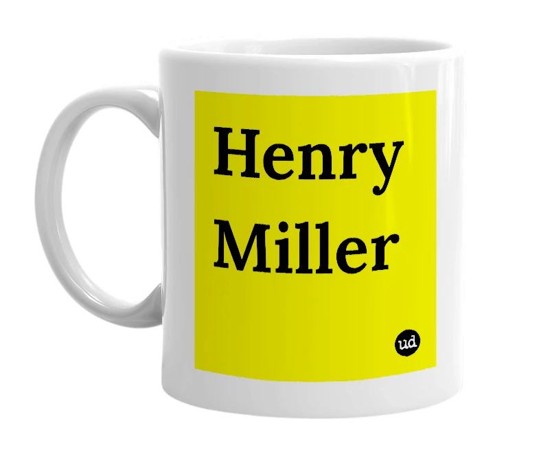 White mug with 'Henry Miller' in bold black letters