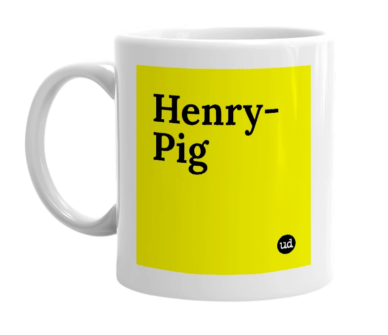 White mug with 'Henry-Pig' in bold black letters