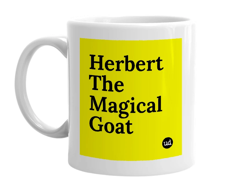 White mug with 'Herbert The Magical Goat' in bold black letters
