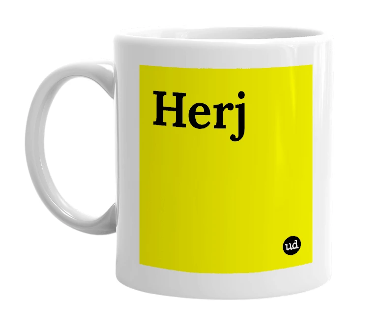 White mug with 'Herj' in bold black letters
