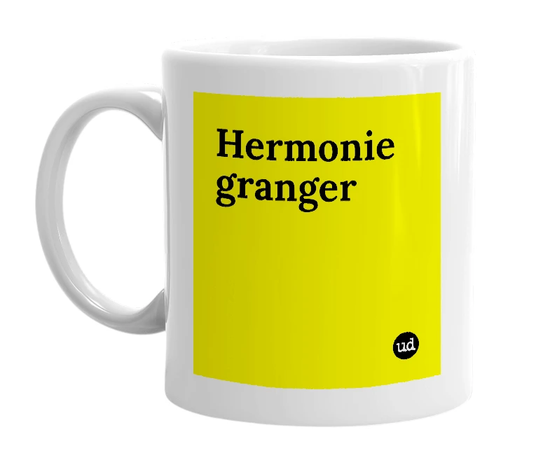 White mug with 'Hermonie granger' in bold black letters