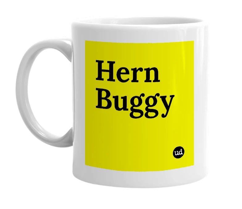 White mug with 'Hern Buggy' in bold black letters