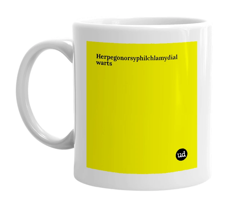White mug with 'Herpegonorsyphilchlamydial warts' in bold black letters