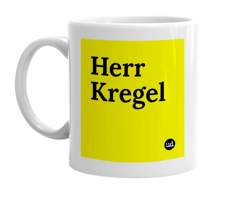 White mug with 'Herr Kregel' in bold black letters