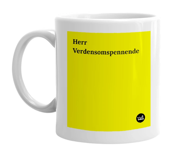 White mug with 'Herr Verdensomspennende' in bold black letters