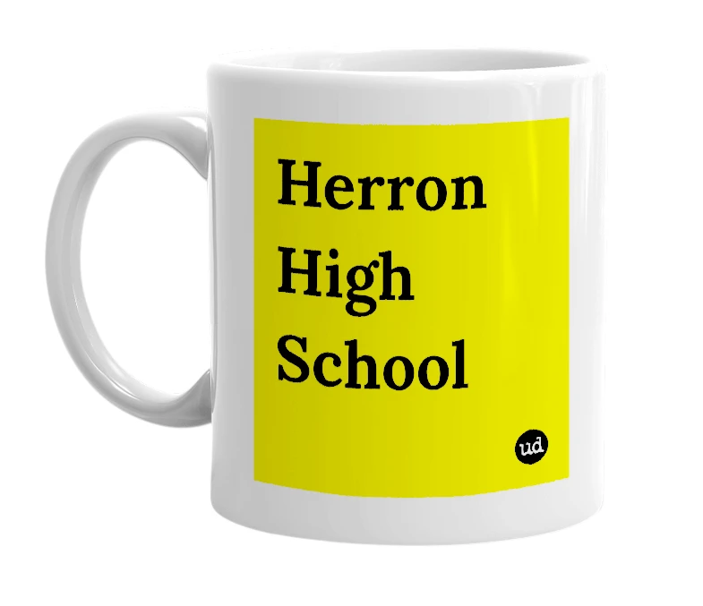 White mug with 'Herron High School' in bold black letters