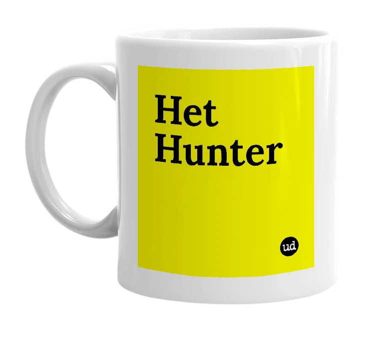 White mug with 'Het Hunter' in bold black letters