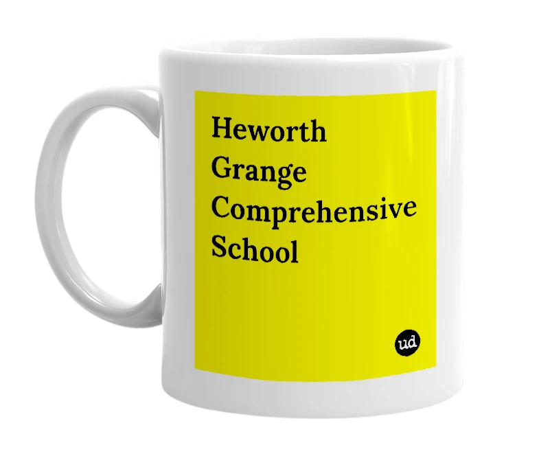 White mug with 'Heworth Grange Comprehensive School' in bold black letters