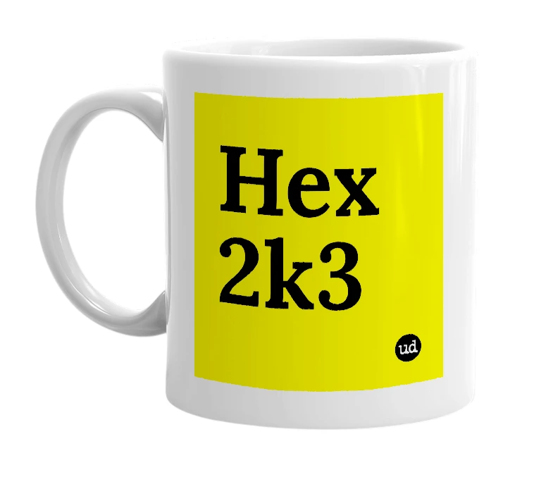 White mug with 'Hex 2k3' in bold black letters