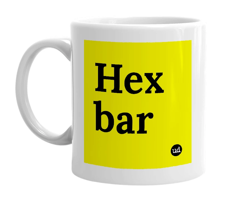 White mug with 'Hex bar' in bold black letters