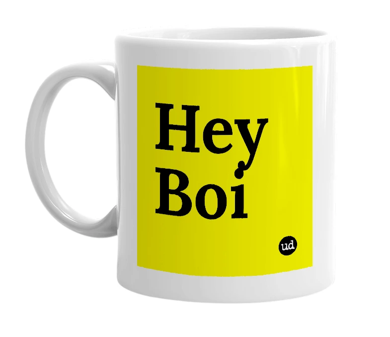 White mug with 'Hey Boi' in bold black letters