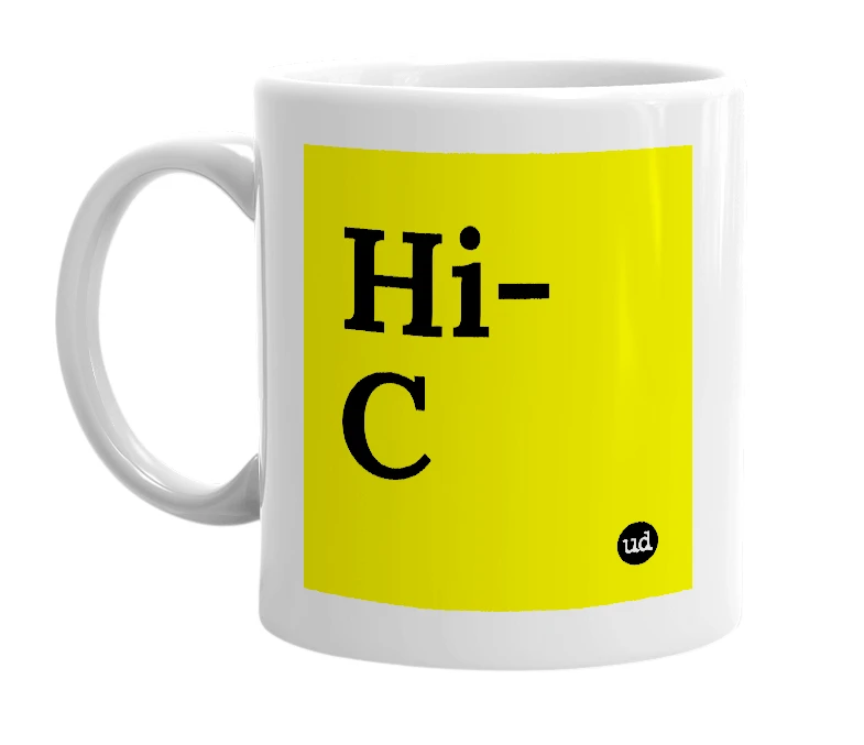 White mug with 'Hi-C' in bold black letters