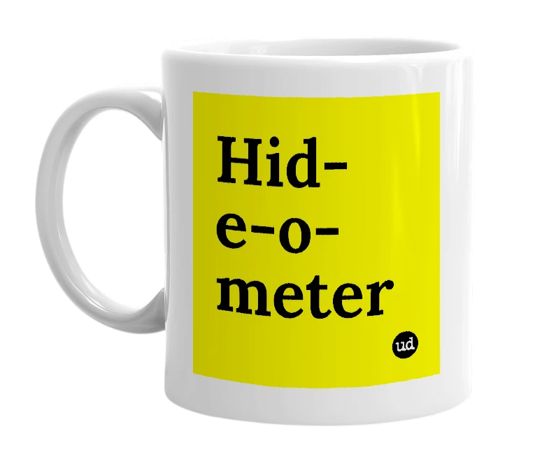 White mug with 'Hid-e-o-meter' in bold black letters