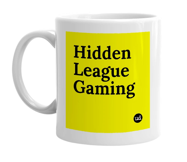 White mug with 'Hidden League Gaming' in bold black letters