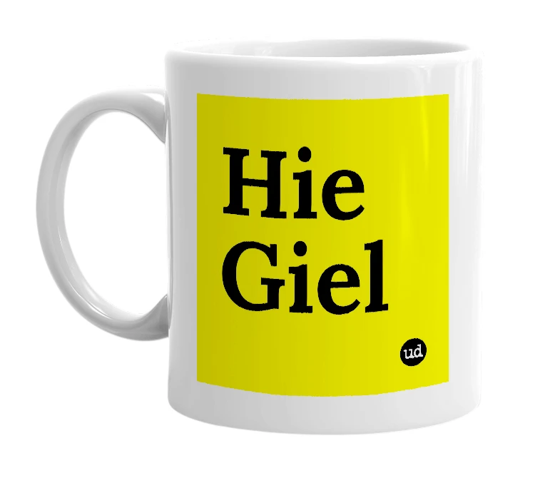 White mug with 'Hie Giel' in bold black letters