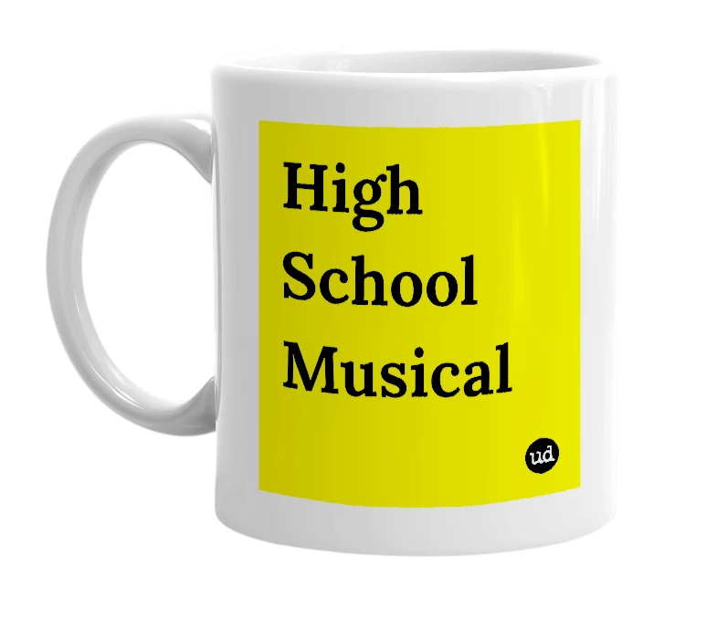 White mug with 'High School Musical' in bold black letters