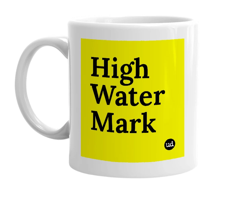 White mug with 'High Water Mark' in bold black letters