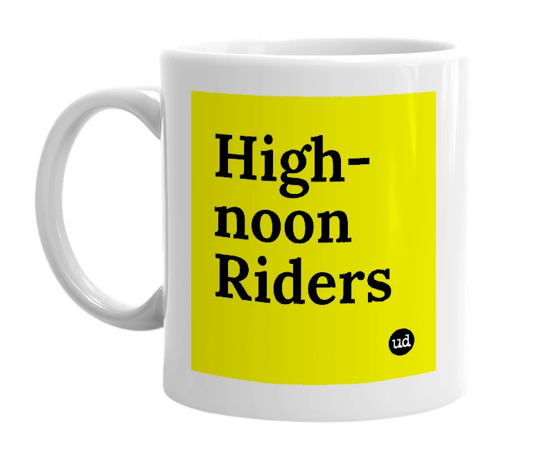 White mug with 'High-noon Riders' in bold black letters