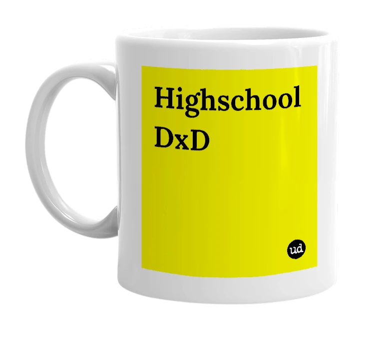White mug with 'Highschool DxD' in bold black letters