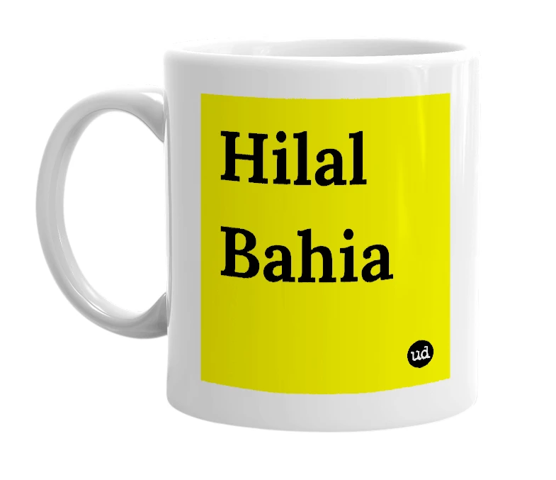 White mug with 'Hilal Bahia' in bold black letters