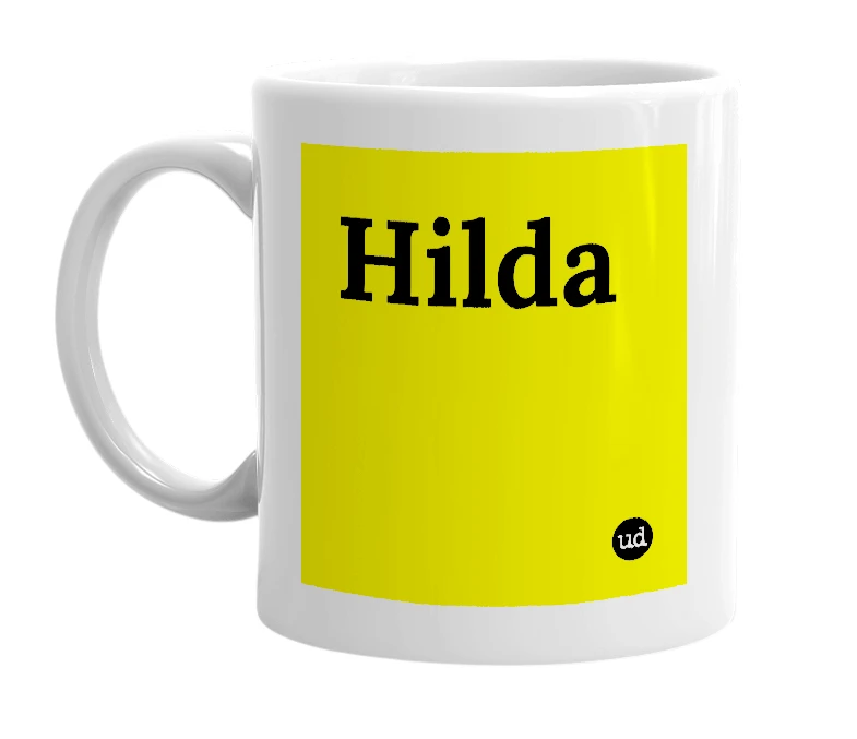 White mug with 'Hilda' in bold black letters