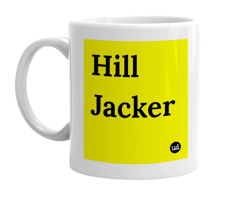 White mug with 'Hill Jacker' in bold black letters