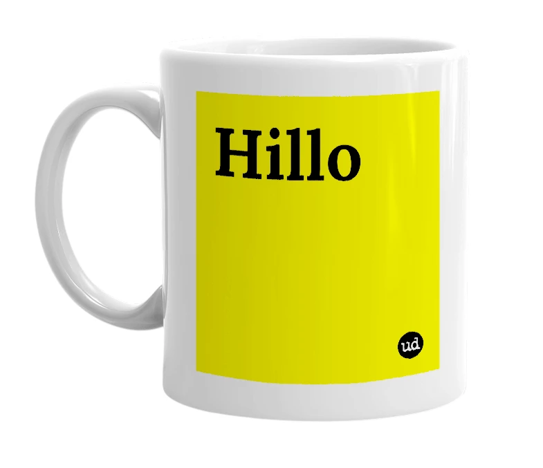 White mug with 'Hillo' in bold black letters