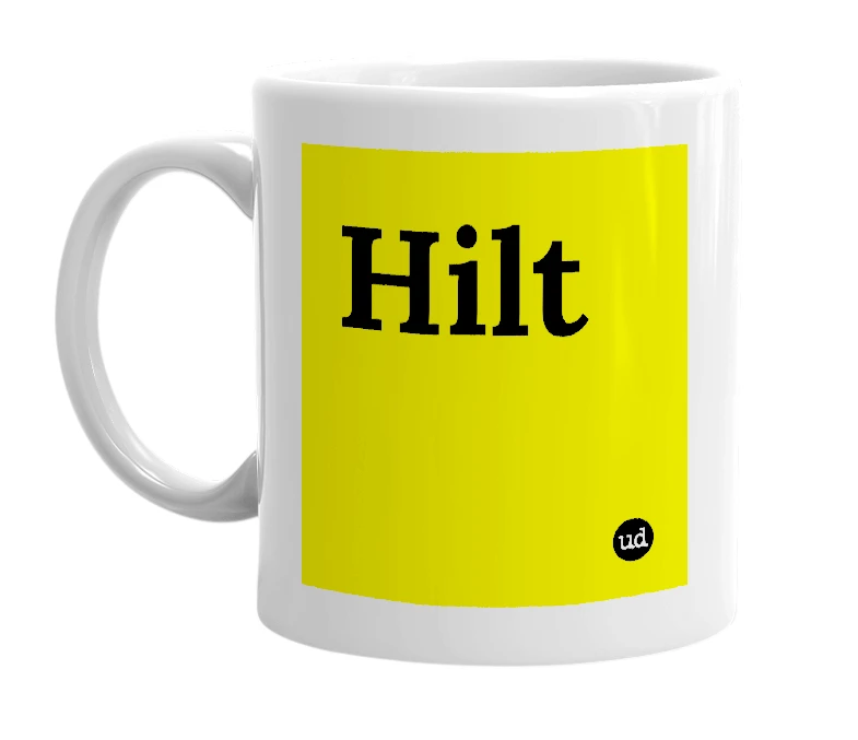 White mug with 'Hilt' in bold black letters