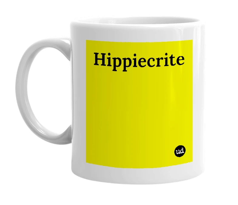 White mug with 'Hippiecrite' in bold black letters