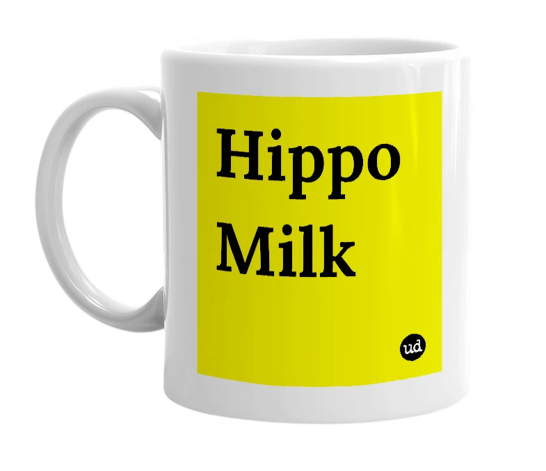 White mug with 'Hippo Milk' in bold black letters
