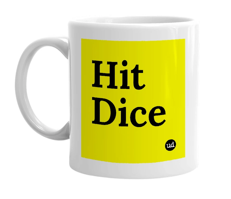 White mug with 'Hit Dice' in bold black letters