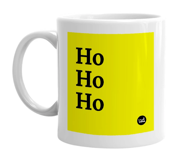 White mug with 'Ho Ho Ho' in bold black letters