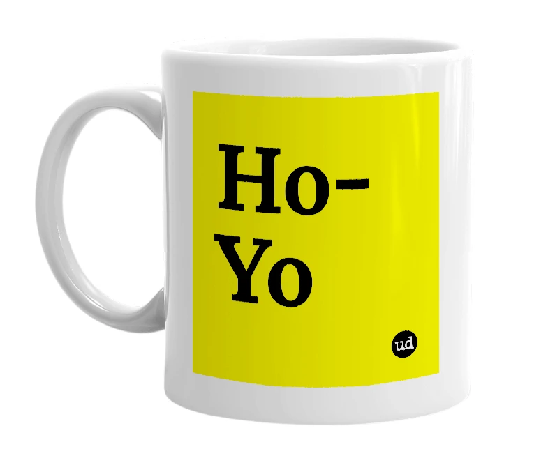 White mug with 'Ho-Yo' in bold black letters