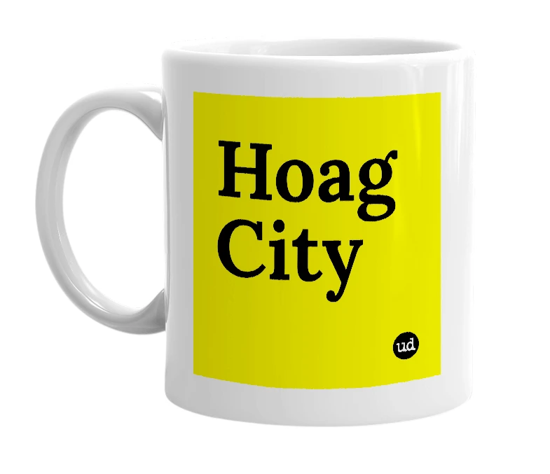 White mug with 'Hoag City' in bold black letters