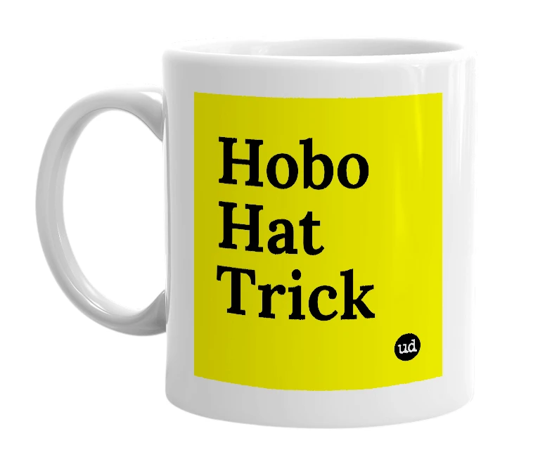 White mug with 'Hobo Hat Trick' in bold black letters