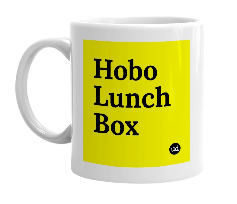 White mug with 'Hobo Lunch Box' in bold black letters