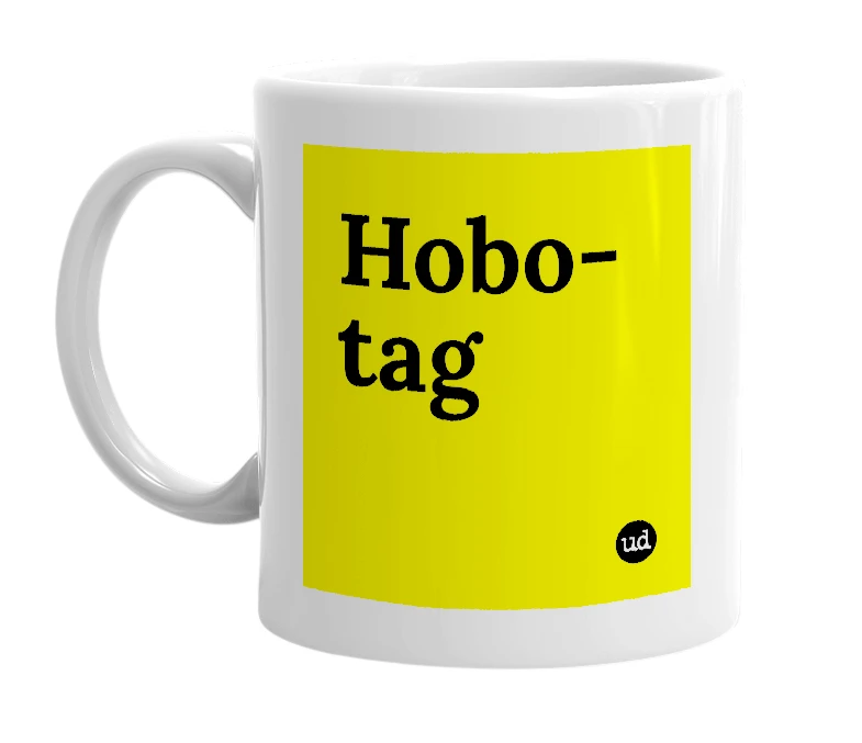 White mug with 'Hobo-tag' in bold black letters