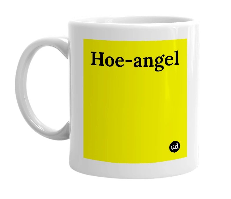 White mug with 'Hoe-angel' in bold black letters