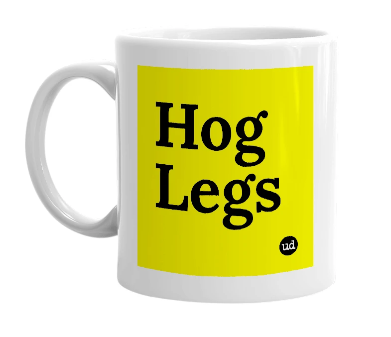 White mug with 'Hog Legs' in bold black letters