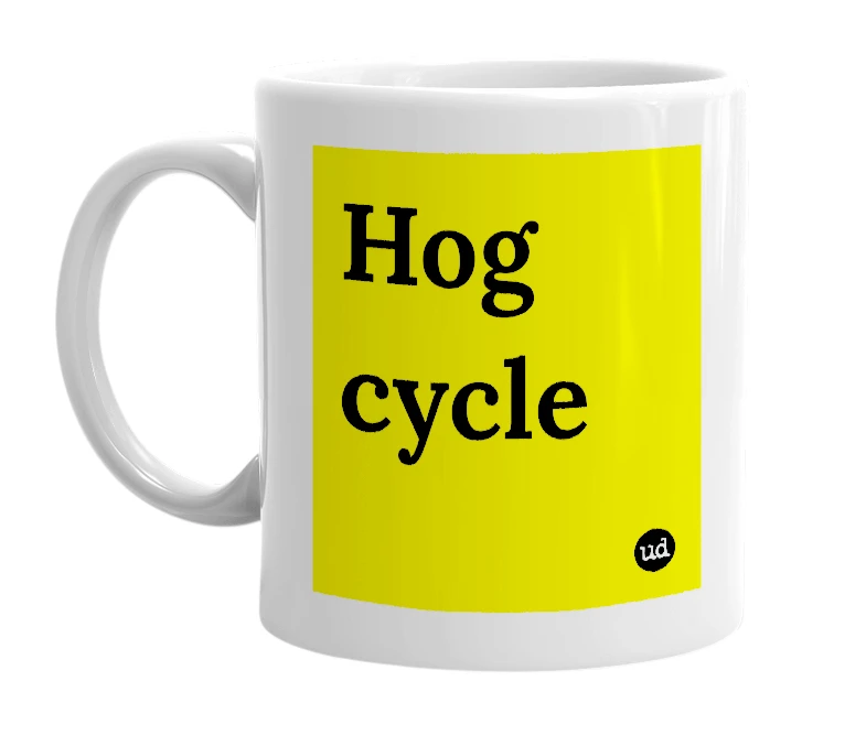 White mug with 'Hog cycle' in bold black letters