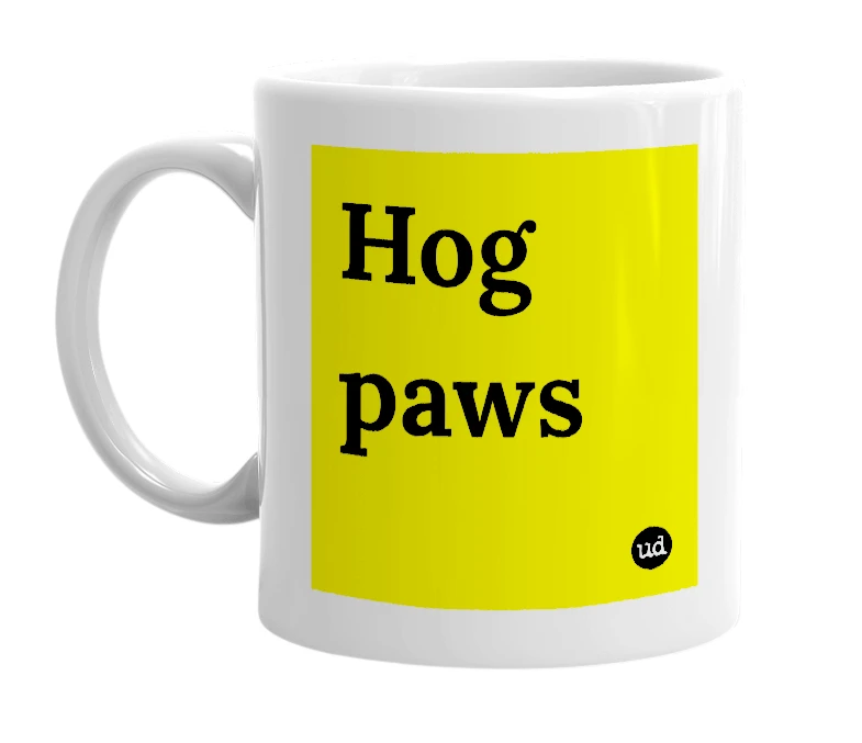 White mug with 'Hog paws' in bold black letters