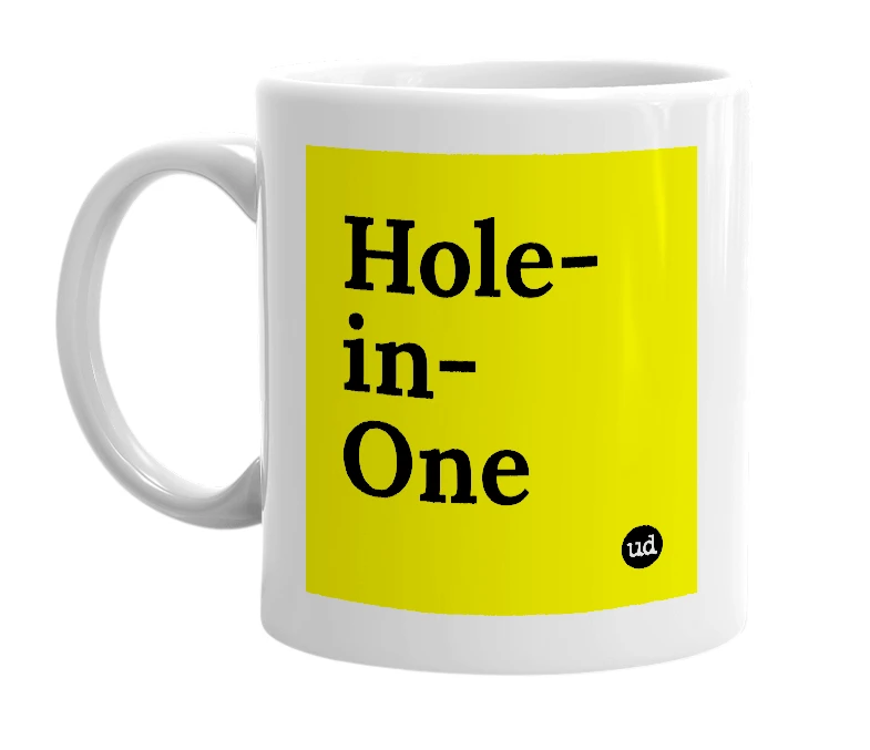 White mug with 'Hole-in-One' in bold black letters