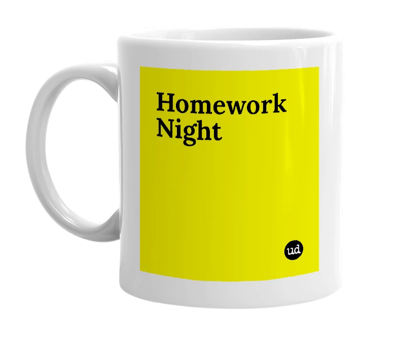 White mug with 'Homework Night' in bold black letters