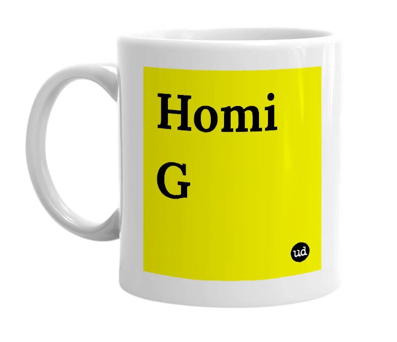 White mug with 'Homi G' in bold black letters