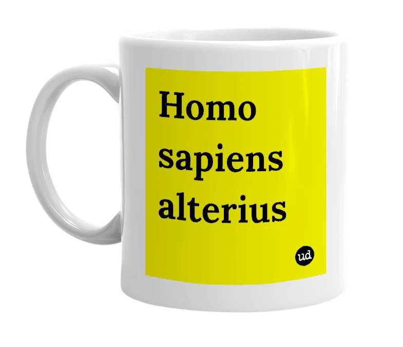White mug with 'Homo sapiens alterius' in bold black letters