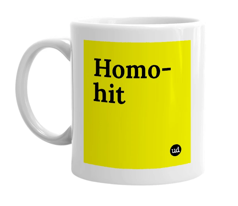 White mug with 'Homo-hit' in bold black letters
