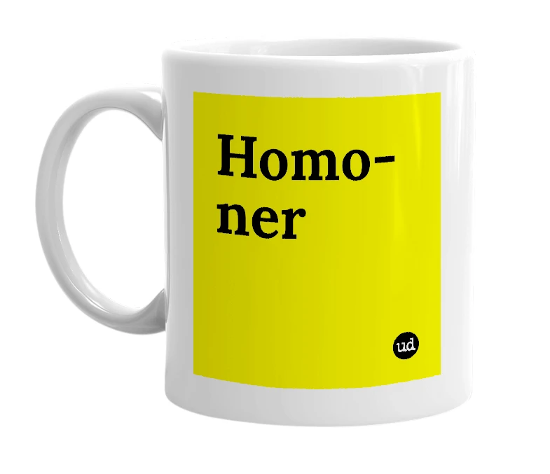 White mug with 'Homo-ner' in bold black letters