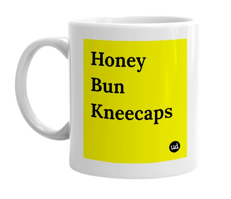 White mug with 'Honey Bun Kneecaps' in bold black letters