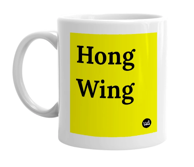 White mug with 'Hong Wing' in bold black letters