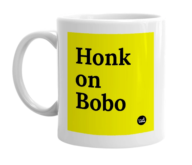 White mug with 'Honk on Bobo' in bold black letters